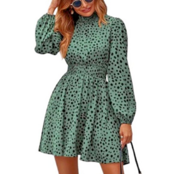 SHEIN Dresses & Skirts - SHEIN Women's All Over Print Shirred Waist & Neck Balloon Sleeve Dress Sz Small